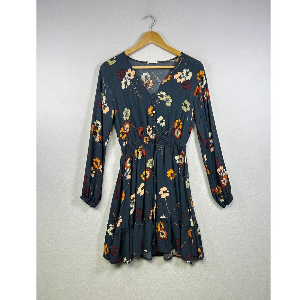 Lovestitch Floral Mini Dress Womens Medium Blue Long‎ Sleeve Smocked Waist Boho